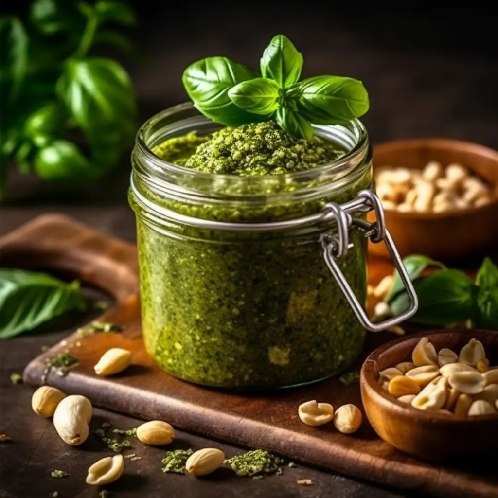 Pesto maison dans un pot en verre, avec des feuilles de basilic frais et des pignons de pin à côté, mettant en évidence l'utilisation culinaire et les vertus du basilic.
