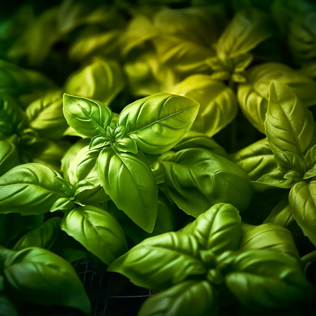 Un tas de feuilles de basilic fraîches avec un signe d'avertissement, indiquant les possibles méfaits du basilic et les précautions à prendre.