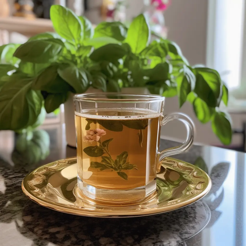 Une tasse de tisane au basilic avec des feuilles fraîches en arrière-plan, illustrant l'un des bienfaits du basilic pour la santé.